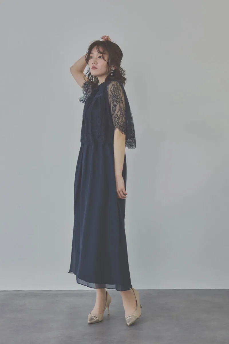 ネイビーの授乳口付ハイネックレースドレス　M/Select Shop