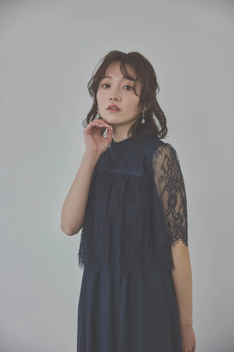 ネイビーの授乳口付ハイネックレースドレス　M/Select Shop