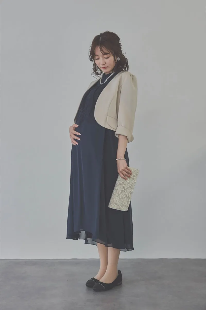 ネイビーの授乳口付ハイネックレースドレス　M/Select Shop