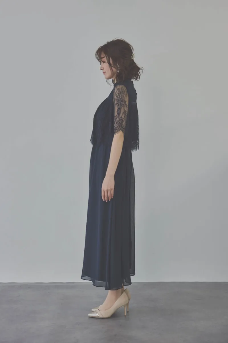 ネイビーの授乳口付ハイネックレースドレス　M/Select Shop
