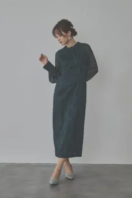 グリーンのジャガードタイトラインドレス　M/AIMER