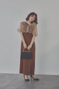 ブラウンのチュールフリルアシンメトリードレス　M/Leja