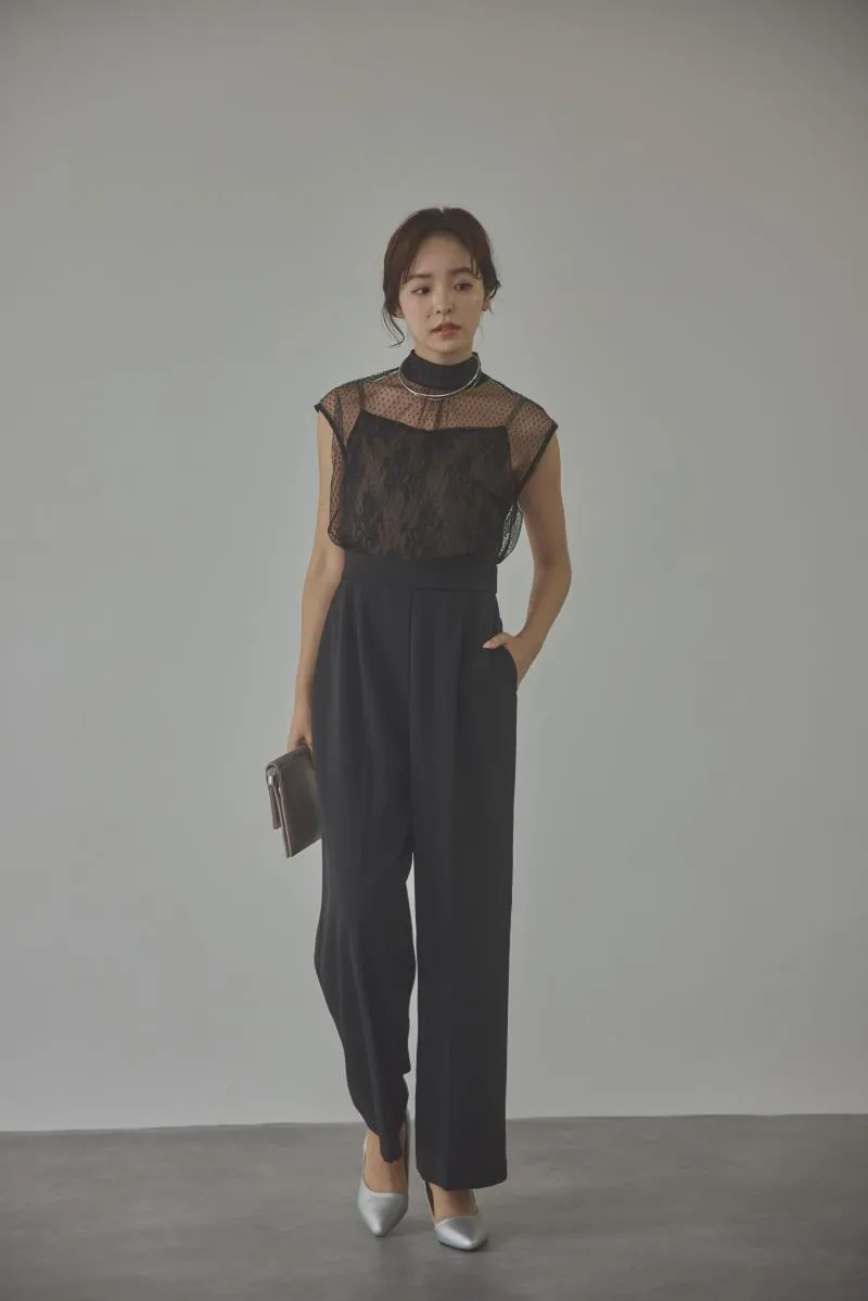 ブラックのチュールレースドッキングパンツドレス[M]　LAGUNAMOON