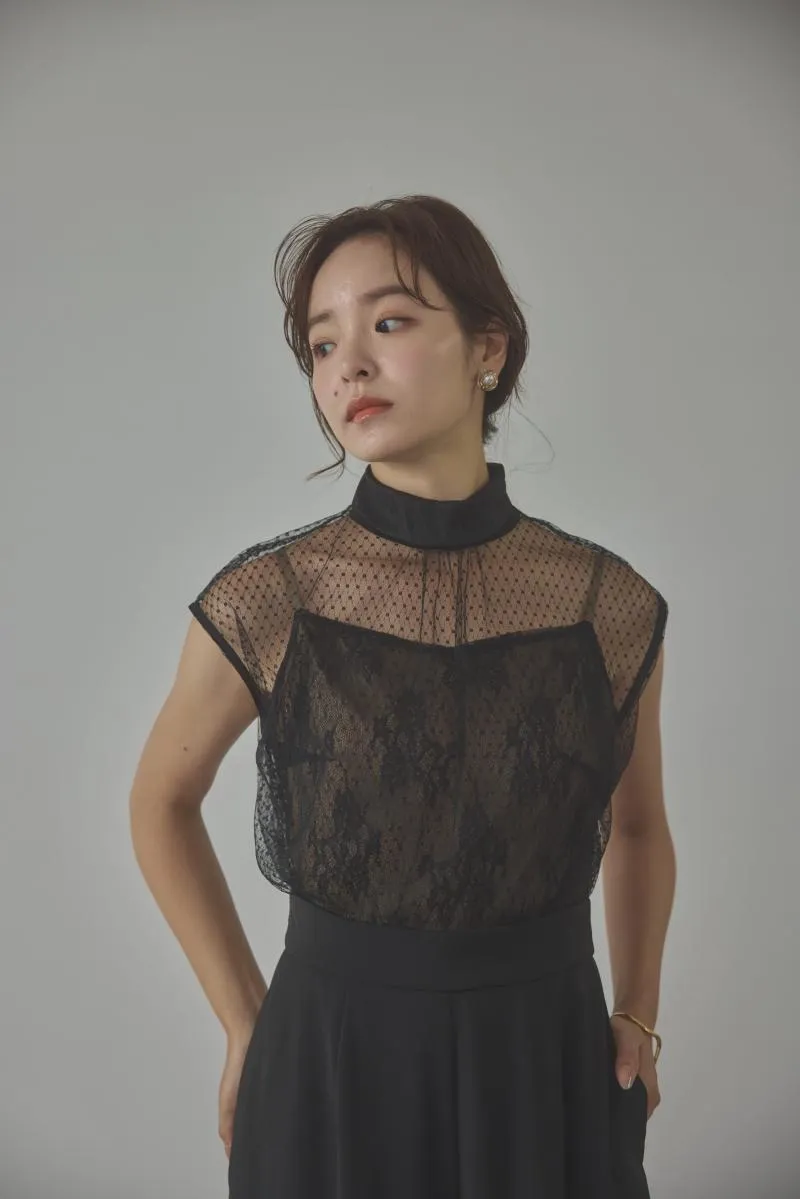 ブラックのチュールレースドッキングパンツドレス[M]　LAGUNAMOON