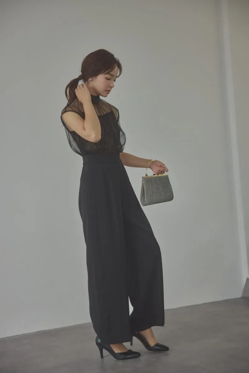 ブラックのチュールレースドッキングパンツドレス[M]　LAGUNAMOON