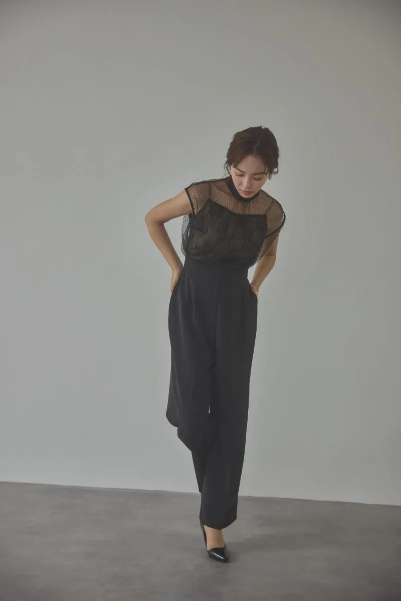 ブラックのチュールレースドッキングパンツドレス[M]　LAGUNAMOON