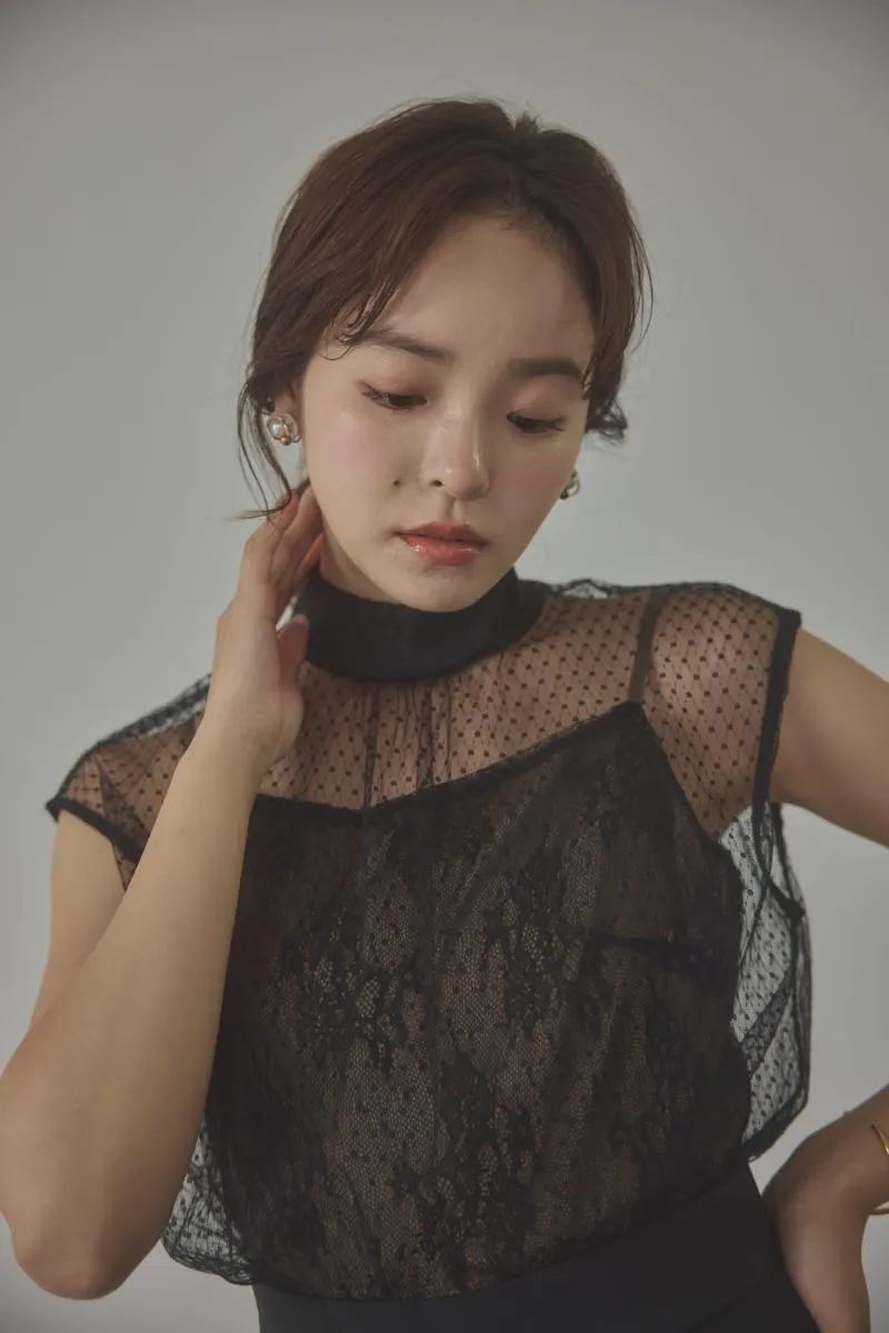 ブラックのチュールレースドッキングパンツドレス[M]　LAGUNAMOON