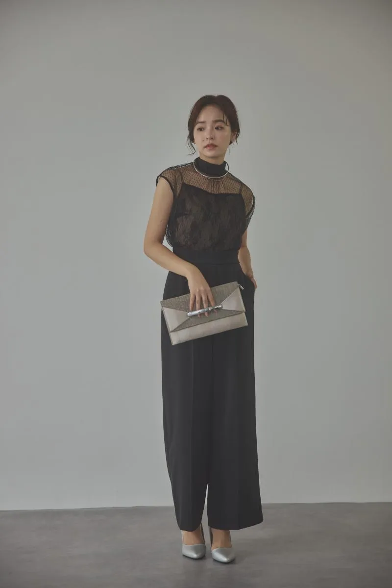 ブラックのチュールレースドッキングパンツドレス[M]　LAGUNAMOON