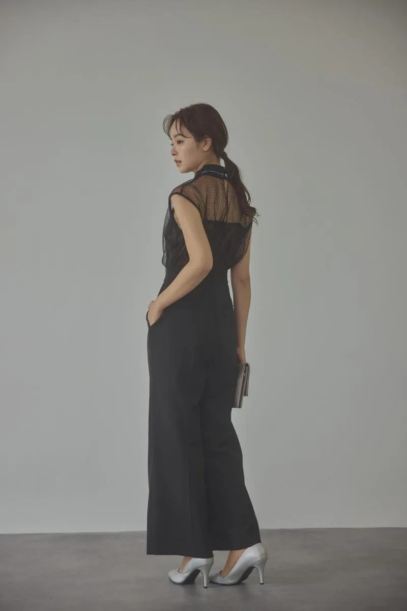 ブラックのチュールレースドッキングパンツドレス[M]　LAGUNAMOON