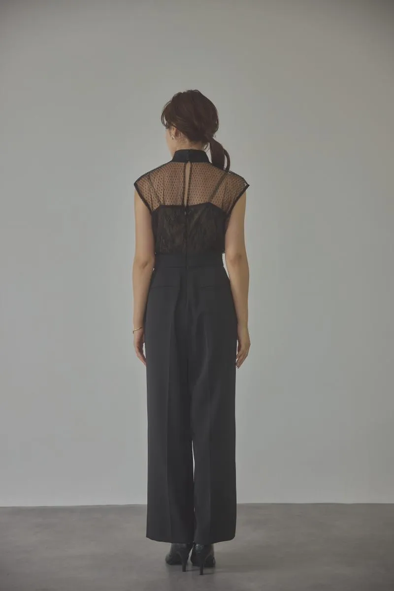 ブラックのチュールレースドッキングパンツドレス[M]　LAGUNAMOON