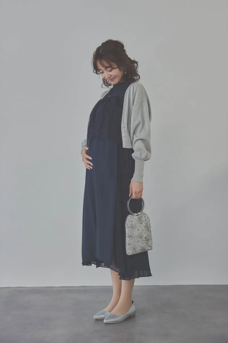 ネイビーの授乳口付ハイネックレースドレス　L/Select Shop