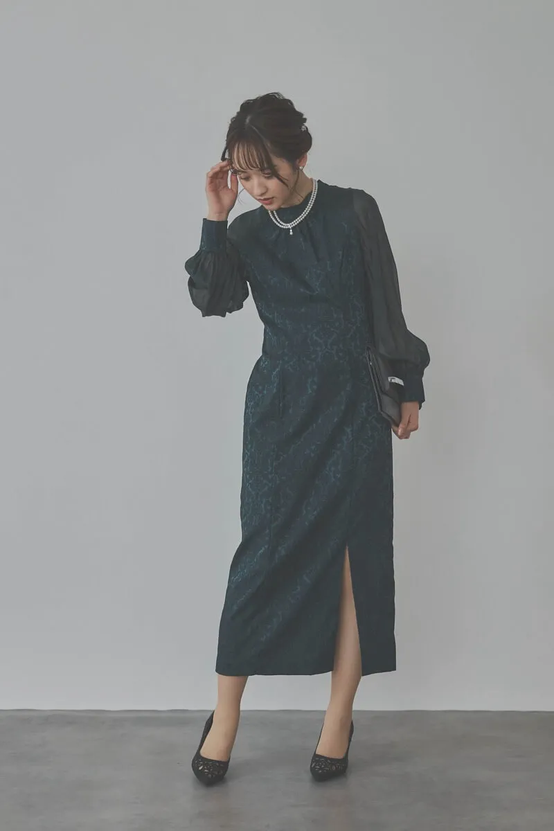 グリーンのジャガードタイトラインドレス　M/AIMER