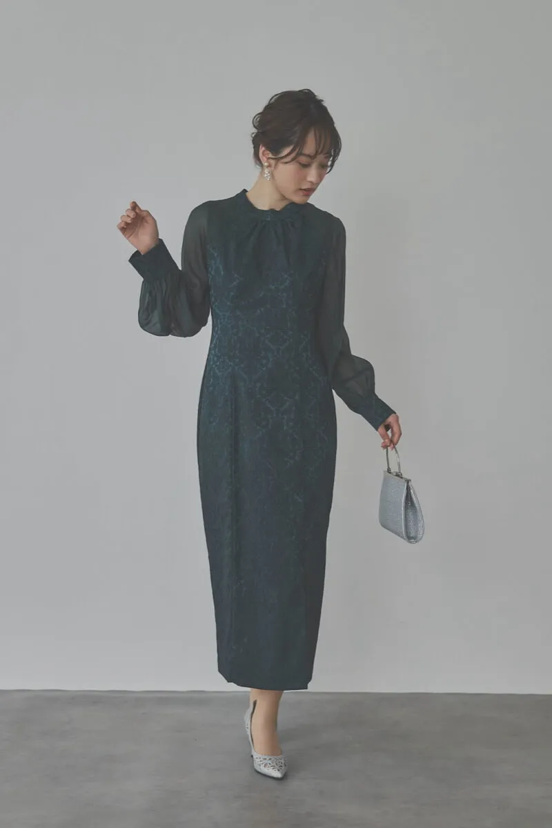 グリーンのジャガードタイトラインドレス　L/AIMER
