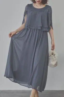 グレイッシュブルーの授乳口付スリットスリーブドレス L/Select Shop