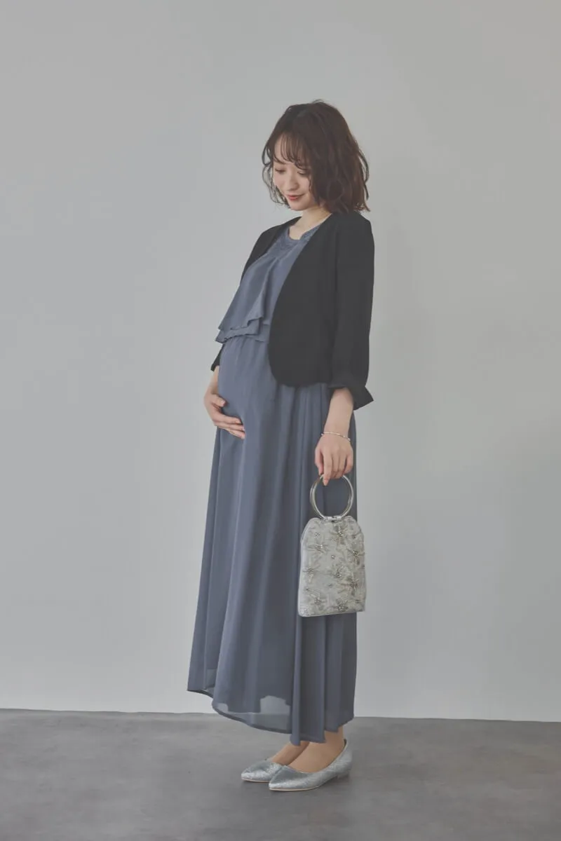 グレイッシュブルーの授乳口付スリットスリーブドレス　L/Select Shop