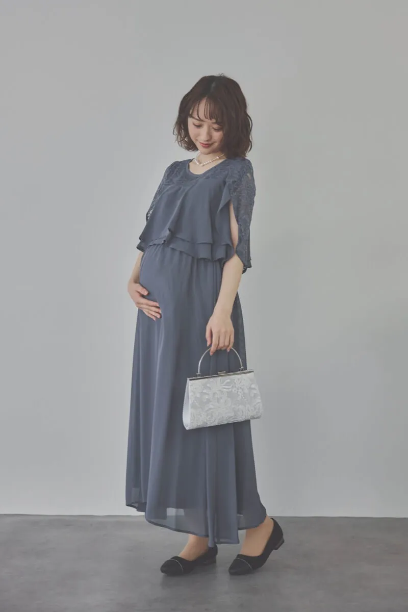 グレイッシュブルーの授乳口付スリットスリーブドレス　L/Select Shop