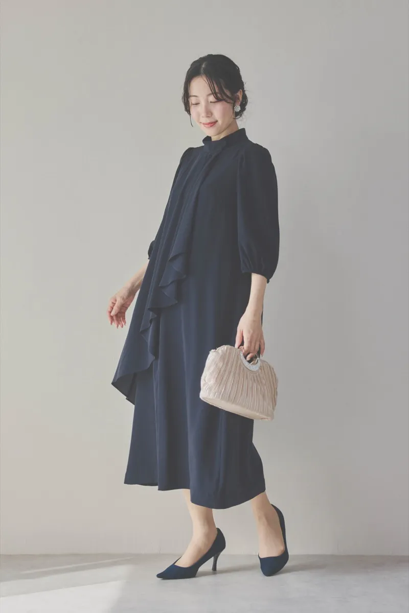 ネイビーのフロントドレープ前開きドレス　M/PREFERENCE[ 店頭販売価格 42,900円 ]