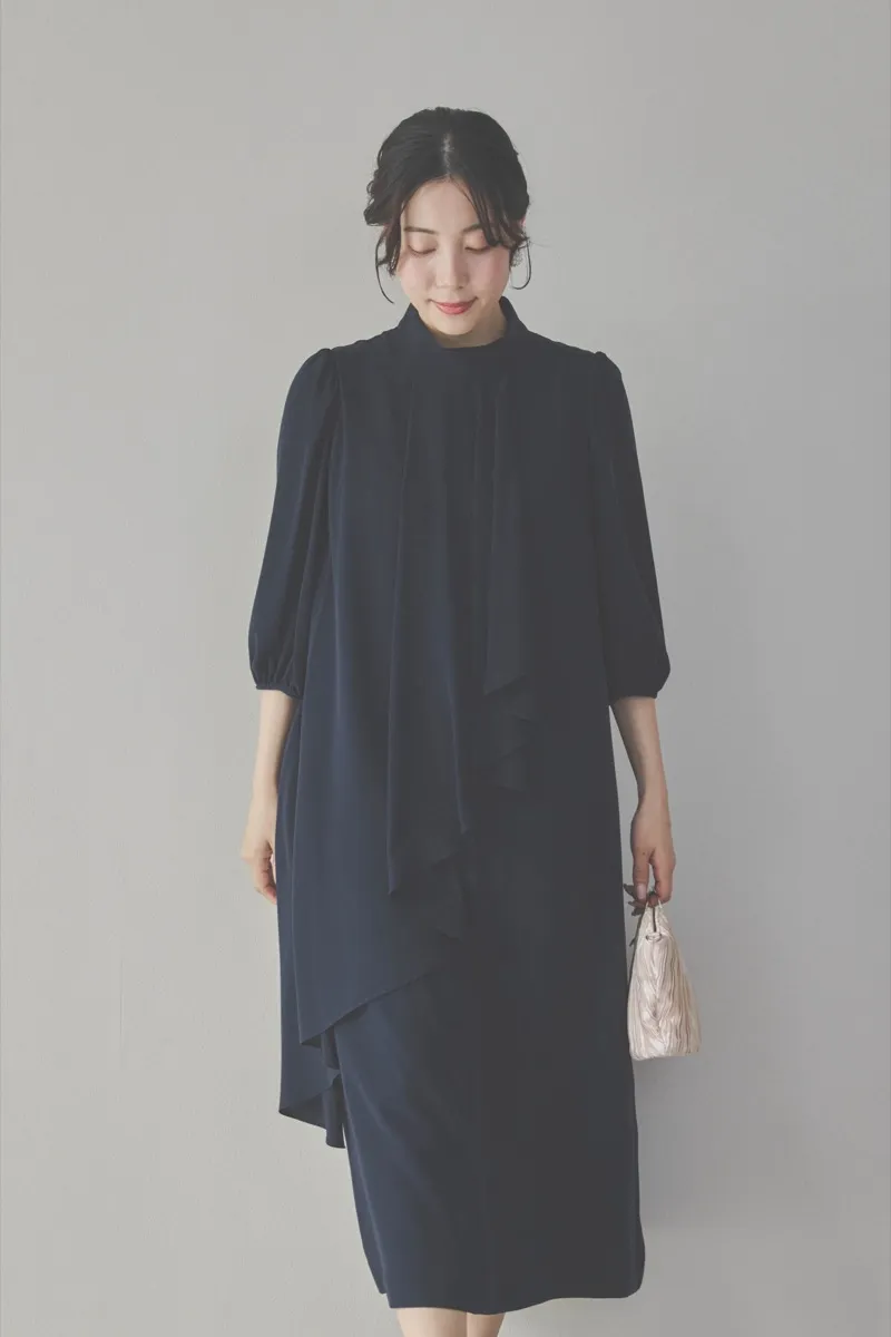 ネイビーのフロントドレープ前開きドレス　M/PREFERENCE[ 店頭販売価格 42,900円 ]
