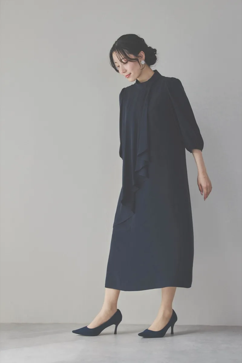 ネイビーのフロントドレープ前開きドレス　M/PREFERENCE[ 店頭販売価格 42,900円 ]
