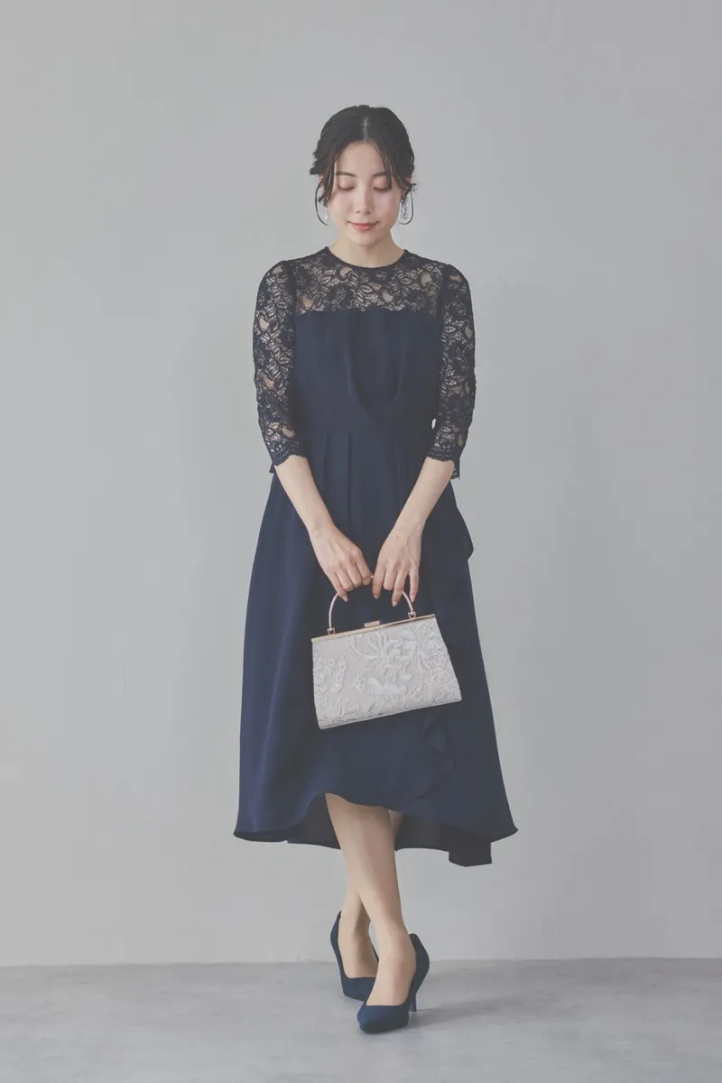 ネイビーのデコルテ切り替えラップドレス　M/PREFERENCE　[ 店頭販売価格 37,400円