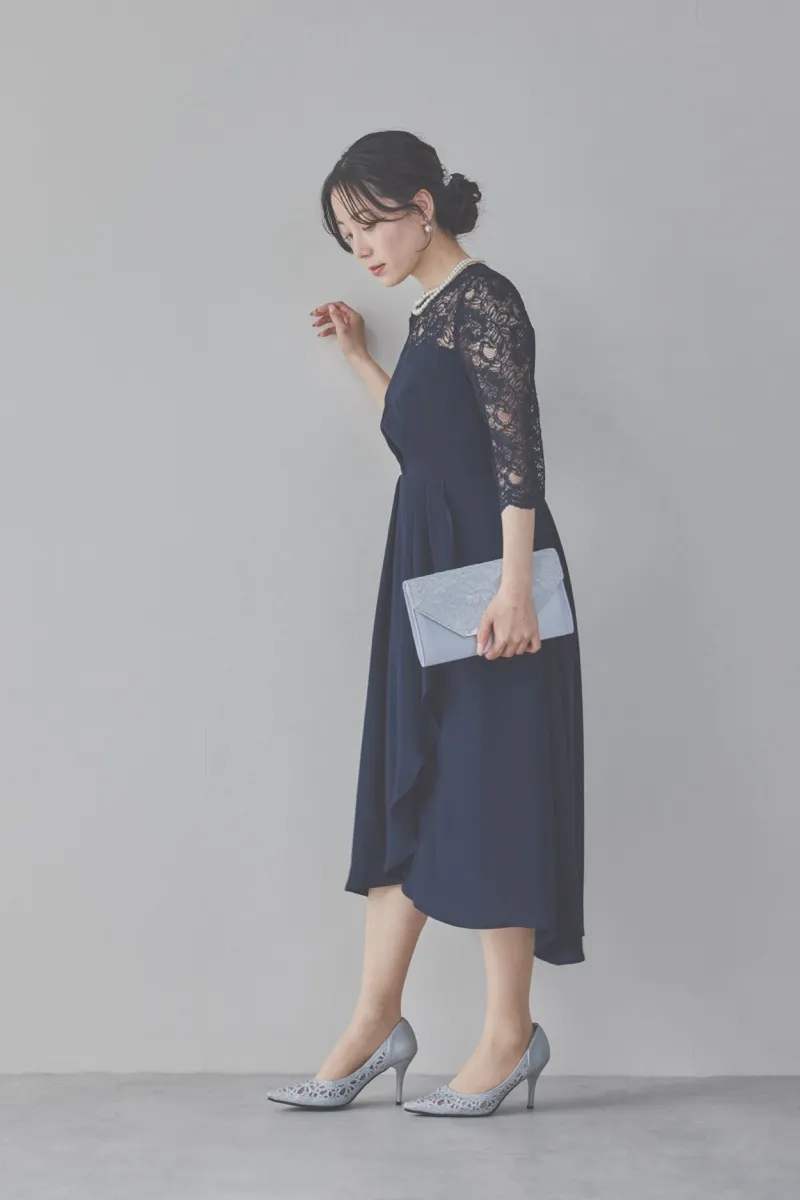ネイビーのデコルテ切り替えラップドレス　M/PREFERENCE　[ 店頭販売価格 37,400円