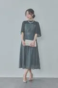 グリーンのフレアースリーブレースドレス M/REPLETE