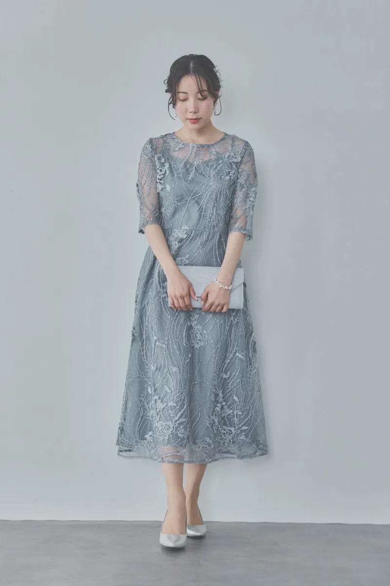 ブルーグレーのエンブロイダリーチュールドレス　M/Select Shop