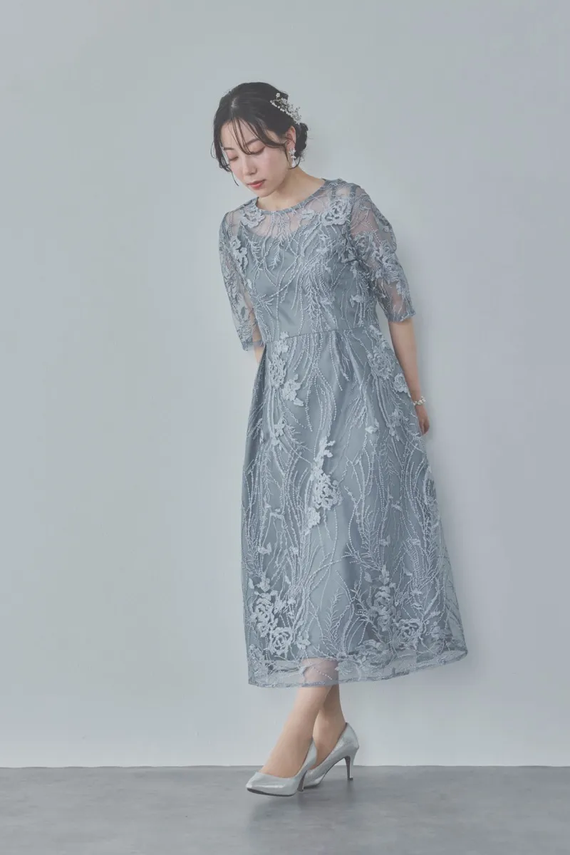 ブルーグレーのエンブロイダリーチュールドレス　M/Select Shop