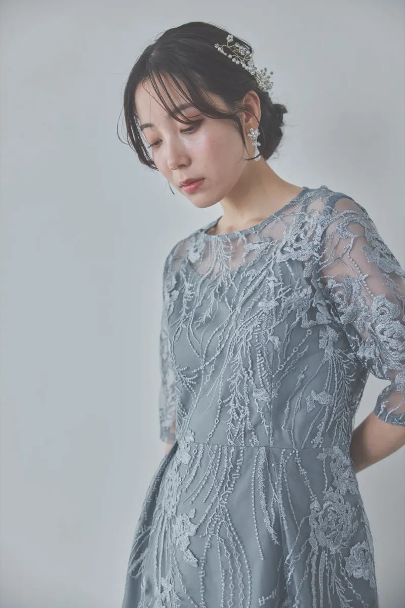 ブルーグレーのエンブロイダリーチュールドレス　M/Select Shop