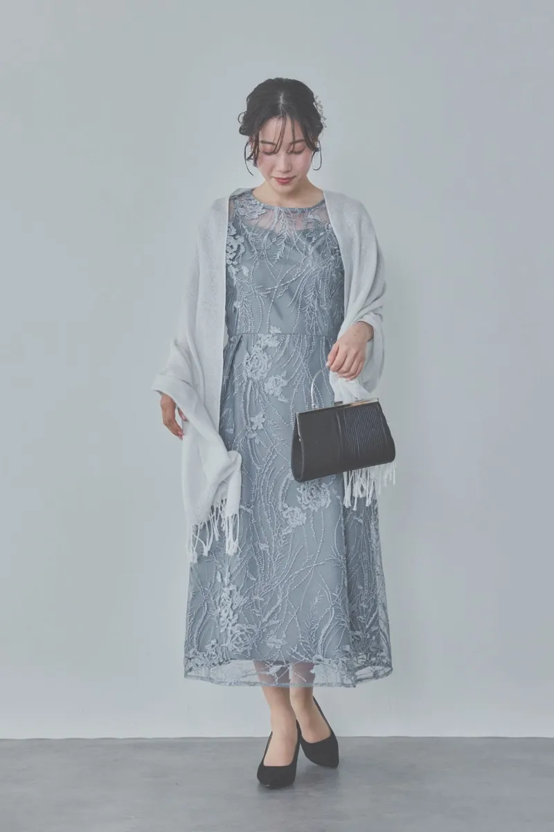 ブルーグレーのエンブロイダリーチュールドレス　M/Select Shop