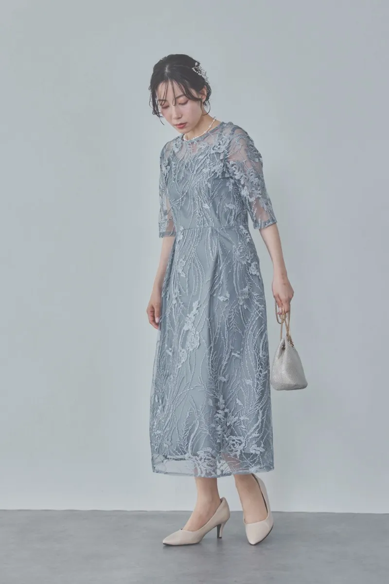 ブルーグレーのエンブロイダリーチュールドレス　M/Select Shop