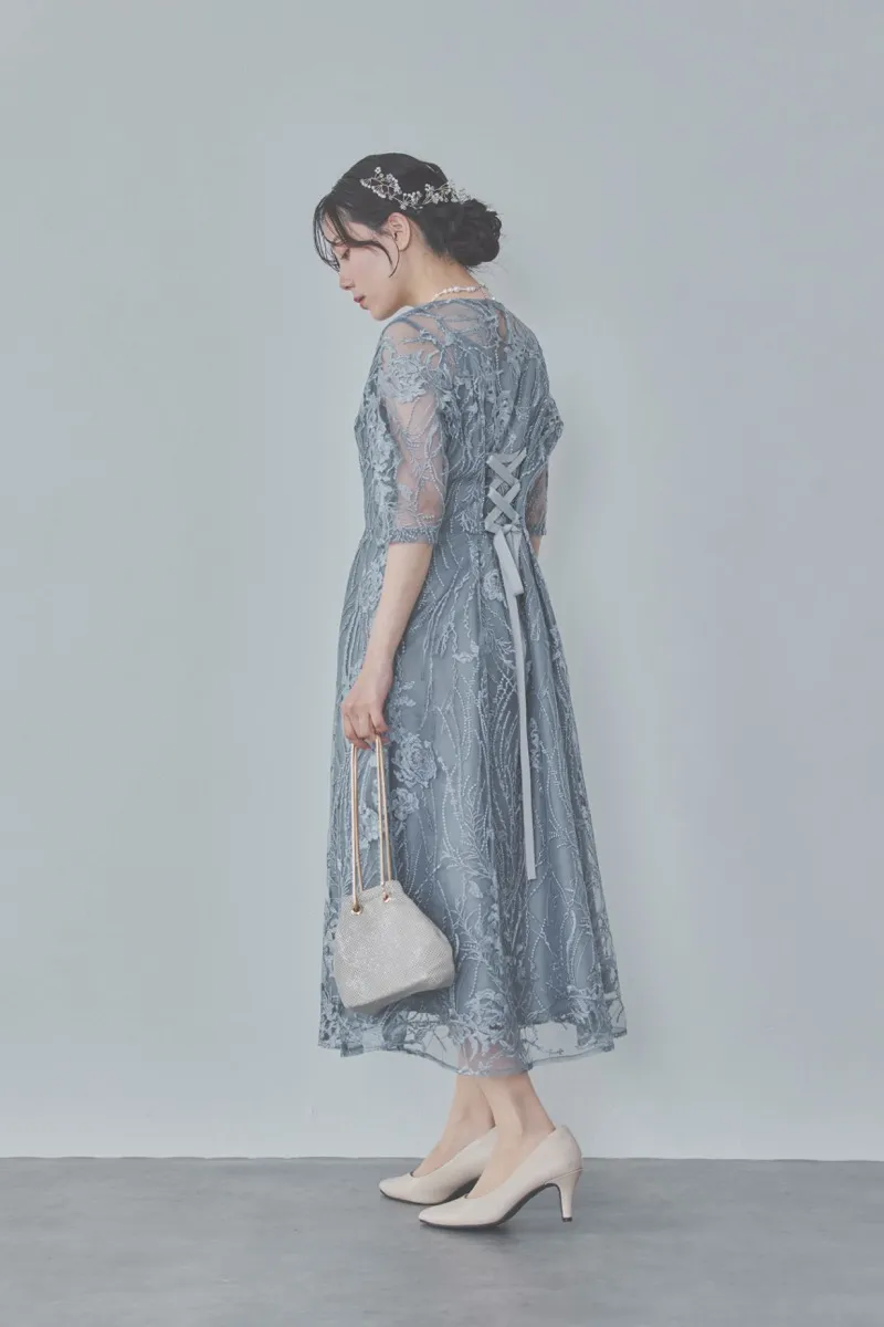 ブルーグレーのエンブロイダリーチュールドレス　M/Select Shop