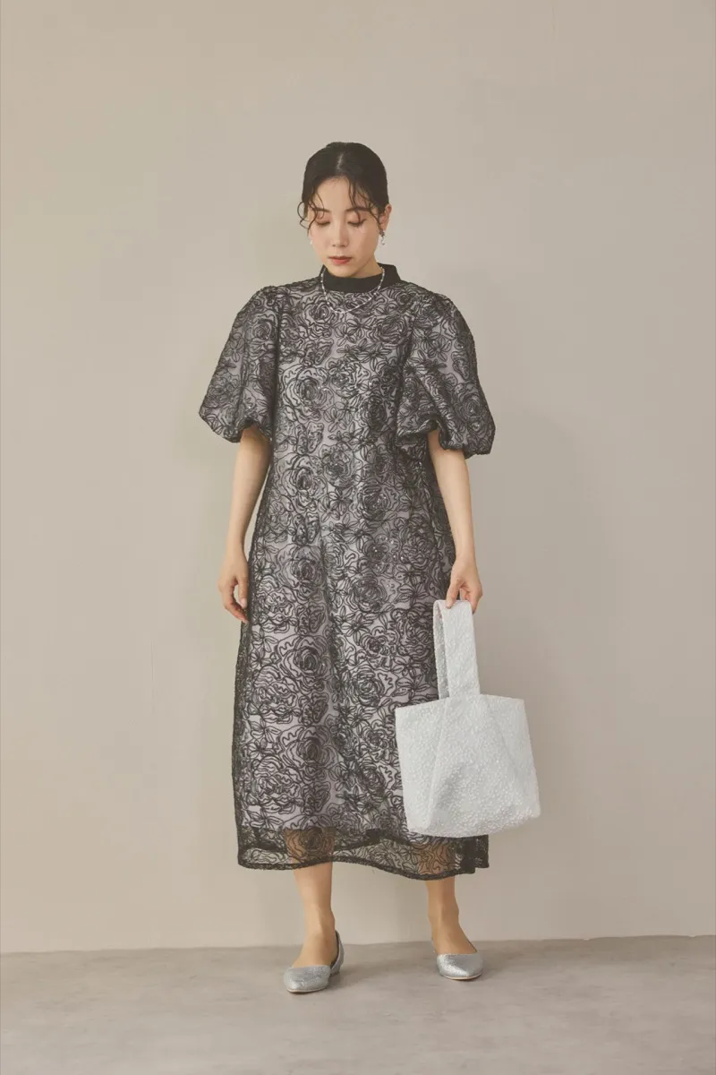ブラックのボリュームスリーブスパンコールドレス　M/Select Shop