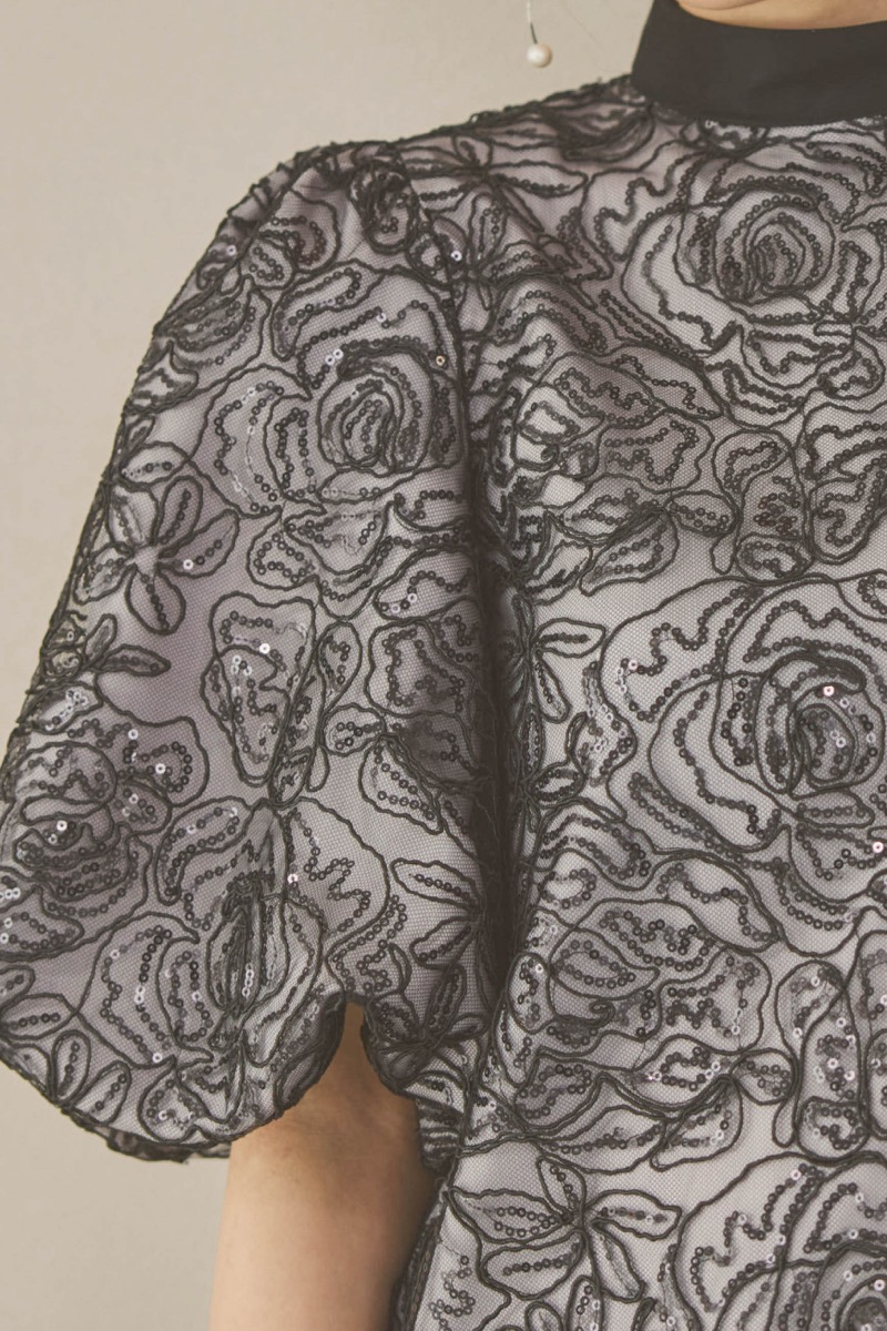 ブラックのボリュームスリーブスパンコールドレス　M/Select Shop