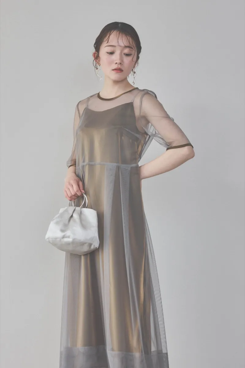 ブラウンのチュール×シャンブレードレス　M/kaene