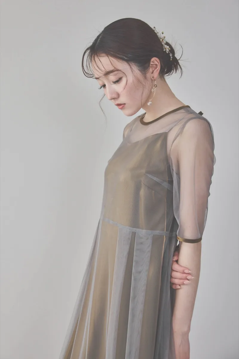ブラウンのチュール×シャンブレードレス　M/kaene