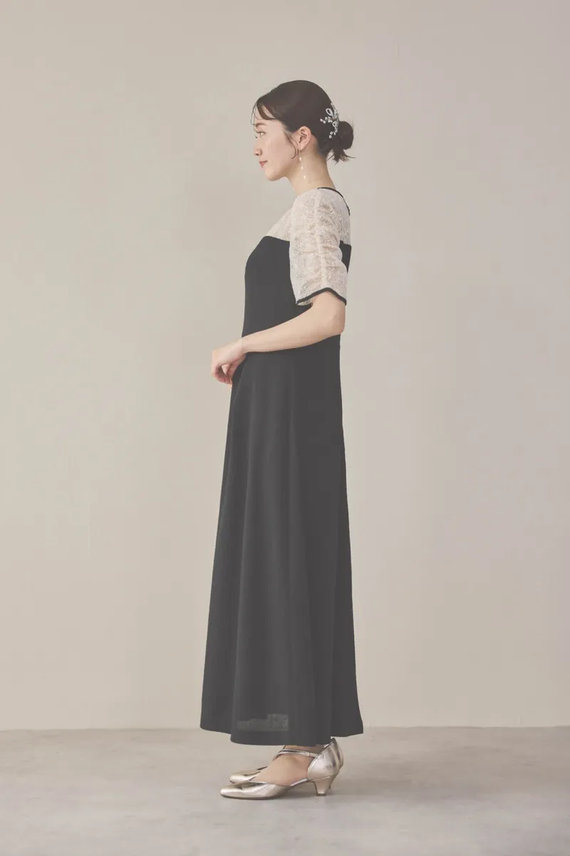 ブラックのレースコンビカットプリーツドレス　M/kaene
