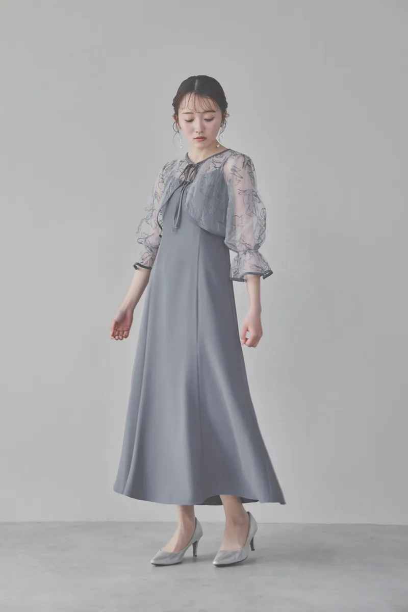 サックスの線描フラワー刺繍ボレロセットドレス　M/AIMER