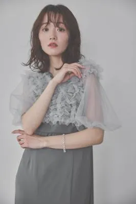 ブルーのチュールフリルアシンメトリードレス　M/Leja