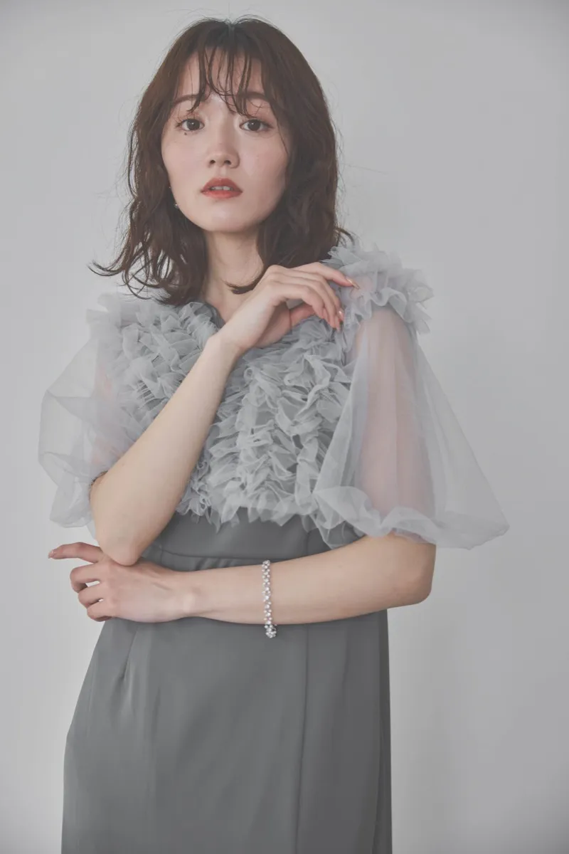 ブルーのチュールフリルアシンメトリードレス　M/Leja