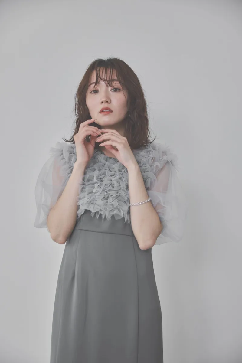 ブルーのチュールフリルアシンメトリードレス　M/Leja