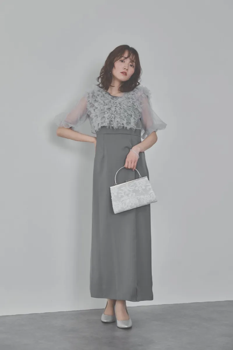 ブルーのチュールフリルアシンメトリードレス　M/Leja
