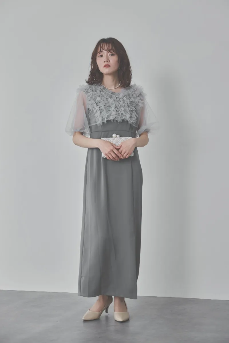 ブルーのチュールフリルアシンメトリードレス　M/Leja