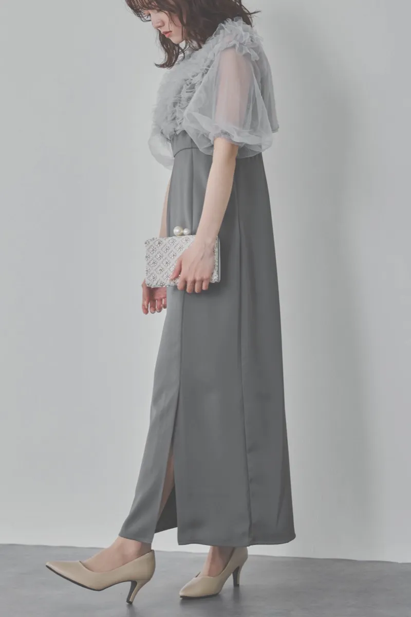 ブルーのチュールフリルアシンメトリードレス　M/Leja