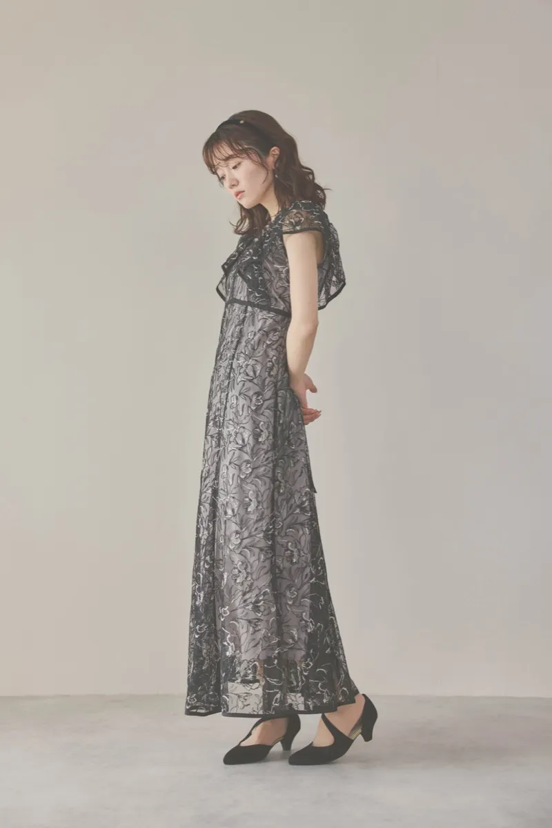 ブラックのチュール刺繍マーメイドドレス　M/dazzlin