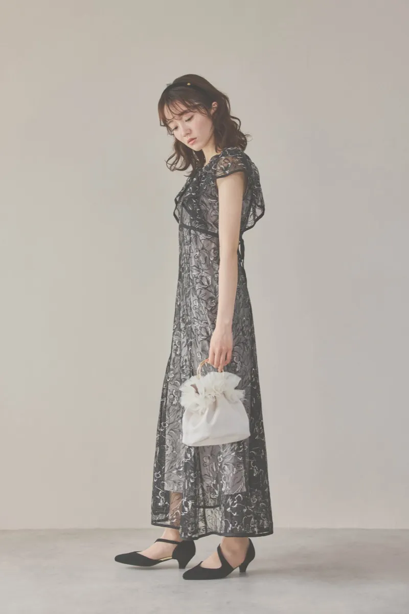 ブラックのチュール刺繍マーメイドドレス　M/dazzlin