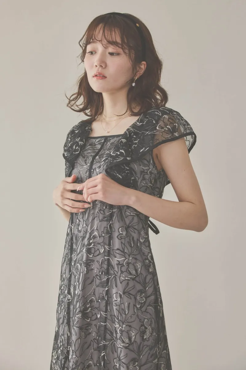 ブラックのチュール刺繍マーメイドドレス　M/dazzlin