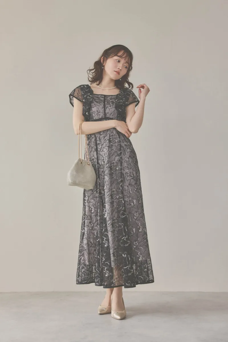 ブラックのチュール刺繍マーメイドドレス　M/dazzlin