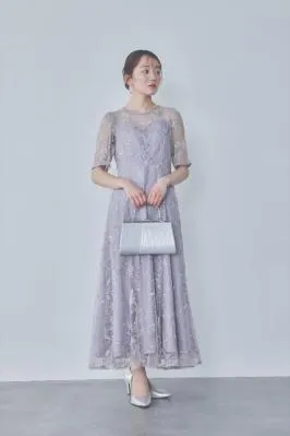 ラベンダーのビオラモチーフ刺繍ドレス　M/AIMER