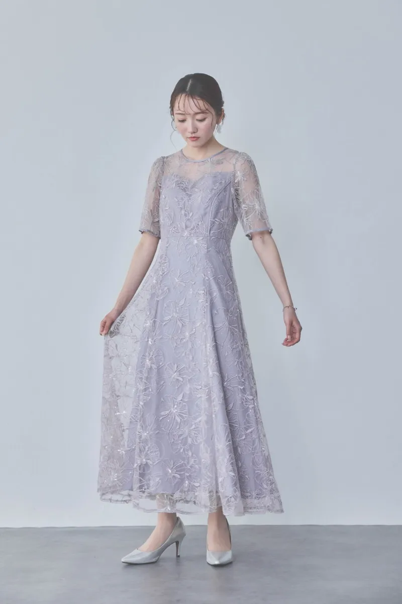 ラベンダーのビオラモチーフ刺繍ドレス　M/AIMER